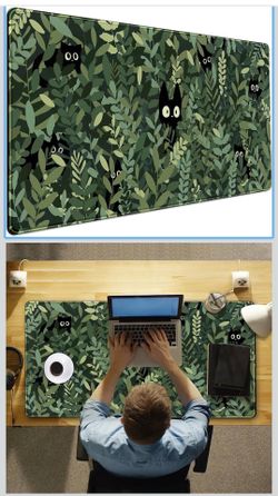 NEW Cute Anime Cats Desk Mat Green Leaves Kawaii Mousepad XXL Extended Large Gaming Mouse Pad Cat, Aesthetic Extended Laptop Keyboard Mat Desk Pad for