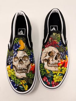 Vans Classic Slip On Fruit Skull Black Canvas Men 5.5 Women 7 NWOB
