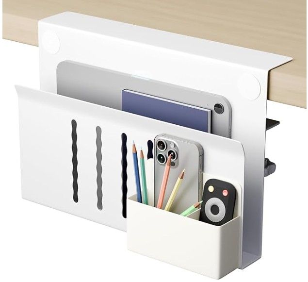 Desk Side Storage, Under Desk Storage, Steel Hanging Desk Organizer White