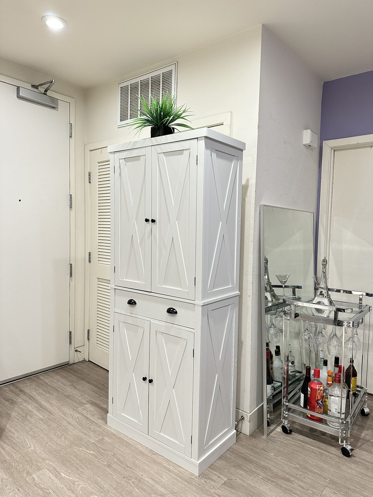 Kitchen Pantry Storage Cabinet 72" Height, with Barn Doors, Drawer, 4 Adjustable Shelves, Freestanding