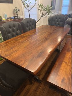 Live Edge Table and matching Live Edge Bench and 6 Tufted Chairs