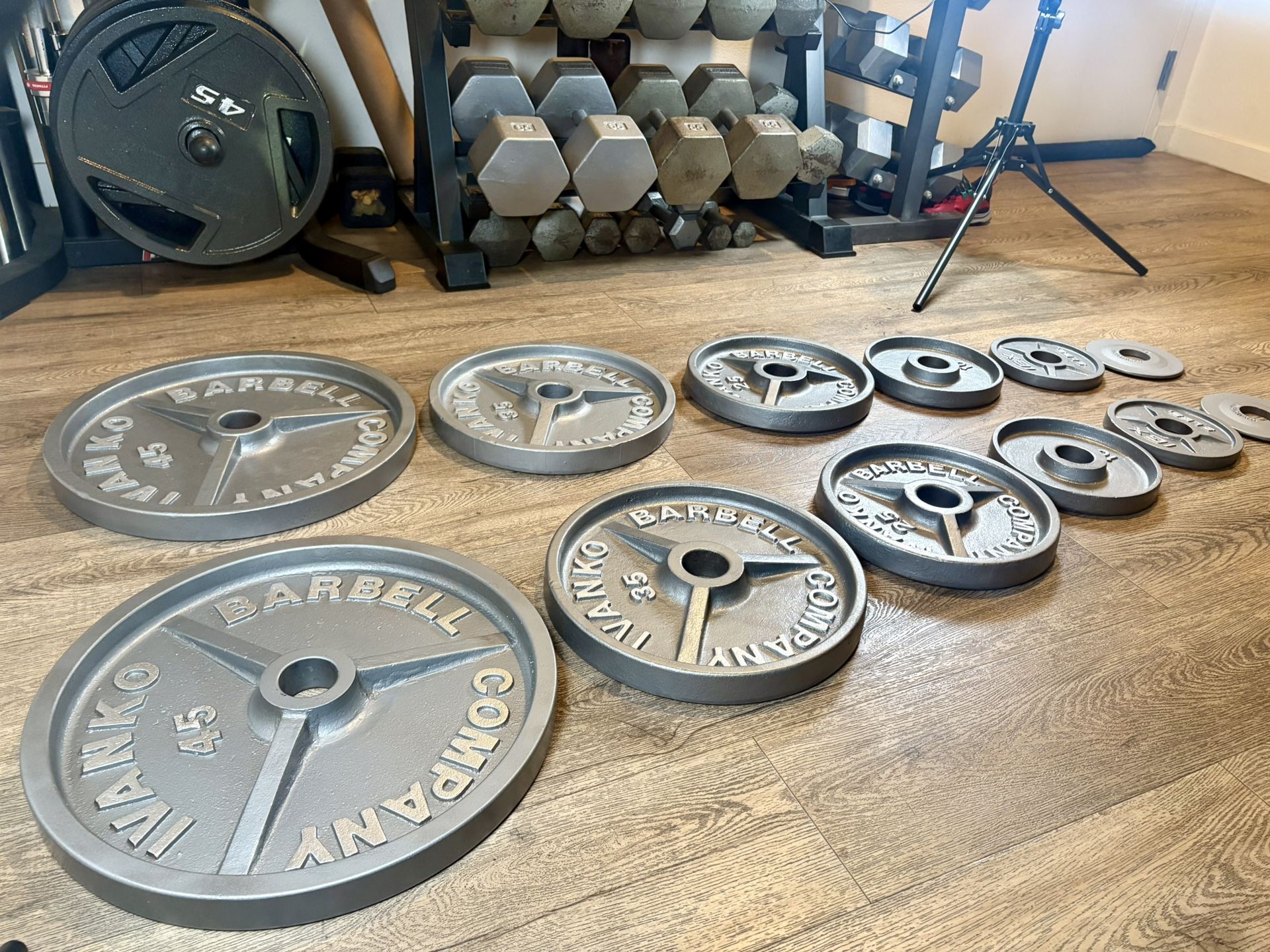 IVANKO’S FULL Olympic Set [ 5s And 2.5s Different Brand] Reconditioned Beautiful Vintage Cast Iron Weight Plates 