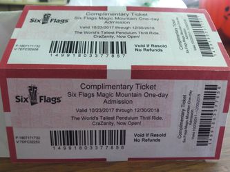 Two tickets for magic mountain expires 12/30/18 $120
