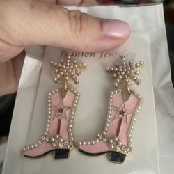 Pink Cowboy Boot Earrings With Rhinestones 