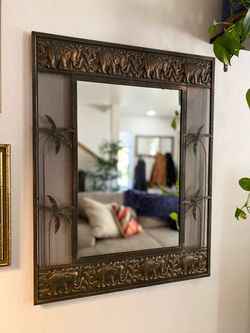 Vintage bronze mirror with elephants & palm trees