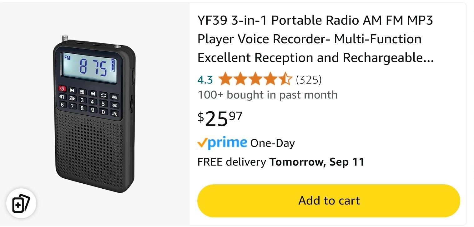 YF39 3-in-1 Portable Radio AM FM MP3 Player Voice Recorder- Multi-Function Excellent Reception and Rechargeable Battery Small Receiver with Bluetooth