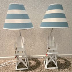 2 Wood Lifeguard Beach Chair Electric Lamps with Blue & White Shades-Great Condition!