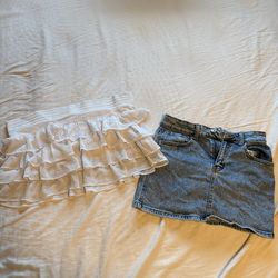 Denim Mini Skirt & White Ruffle Mini Skirt – Sold Separately