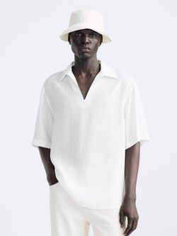 Zara White Oversized Cotton Polo Shirt Size L