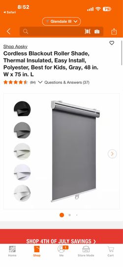 Pack of 4 *** Cordless Blackout Roller Shade, Thermal Insulated, Easy Install, Polyester, Best for Kids, Gray, 48 in. W x 75 in. L