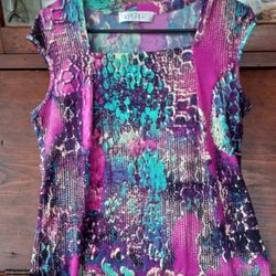 Kasper women's size pink black turquoise and gold stretch blouse w square neck