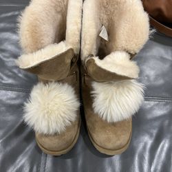 Uggs Chic Tan Boots with Fluffy Pom Poms