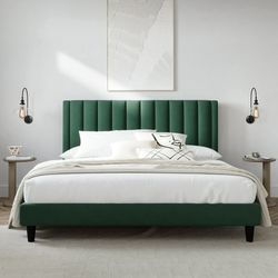 King Size Platform Upholstered Bed Frame with Velvet Channel Headboard, Green