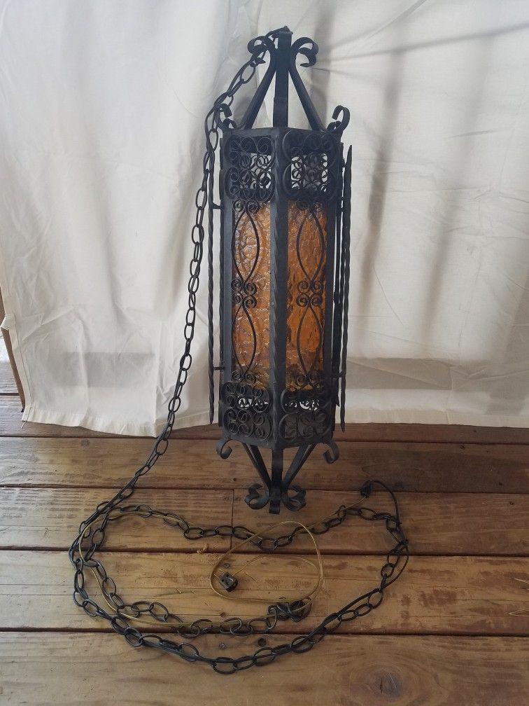 Vintage Spanish Style Wrought Iron Chandelier / Hanging Lamp