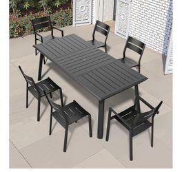 Black Patio Table and Chairs Set Aluminum 7 Piece 83" Outdoor Table and Chairs with Umbrella Hole All-Weather Outdoor Dining Set for 6 Patio Dining Se