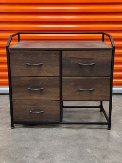 5 Drawer Fabric Dresser Storage Organizer Wood Top Metal Frame Open Shelf Brown