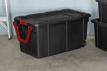 Extra-Large Wheeled Industrial Storage Bin, 40 Gallon Durable Plastic Storage Tote with Latching Lid and Pull Handle