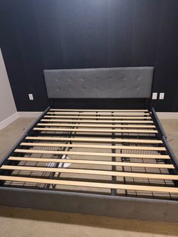 Gray Upholstered Bed Frame with Tufted Headboard