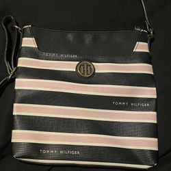 Tommy Hilfiger Crossbody Purse Pink & Black/Striped - Gold Metal 