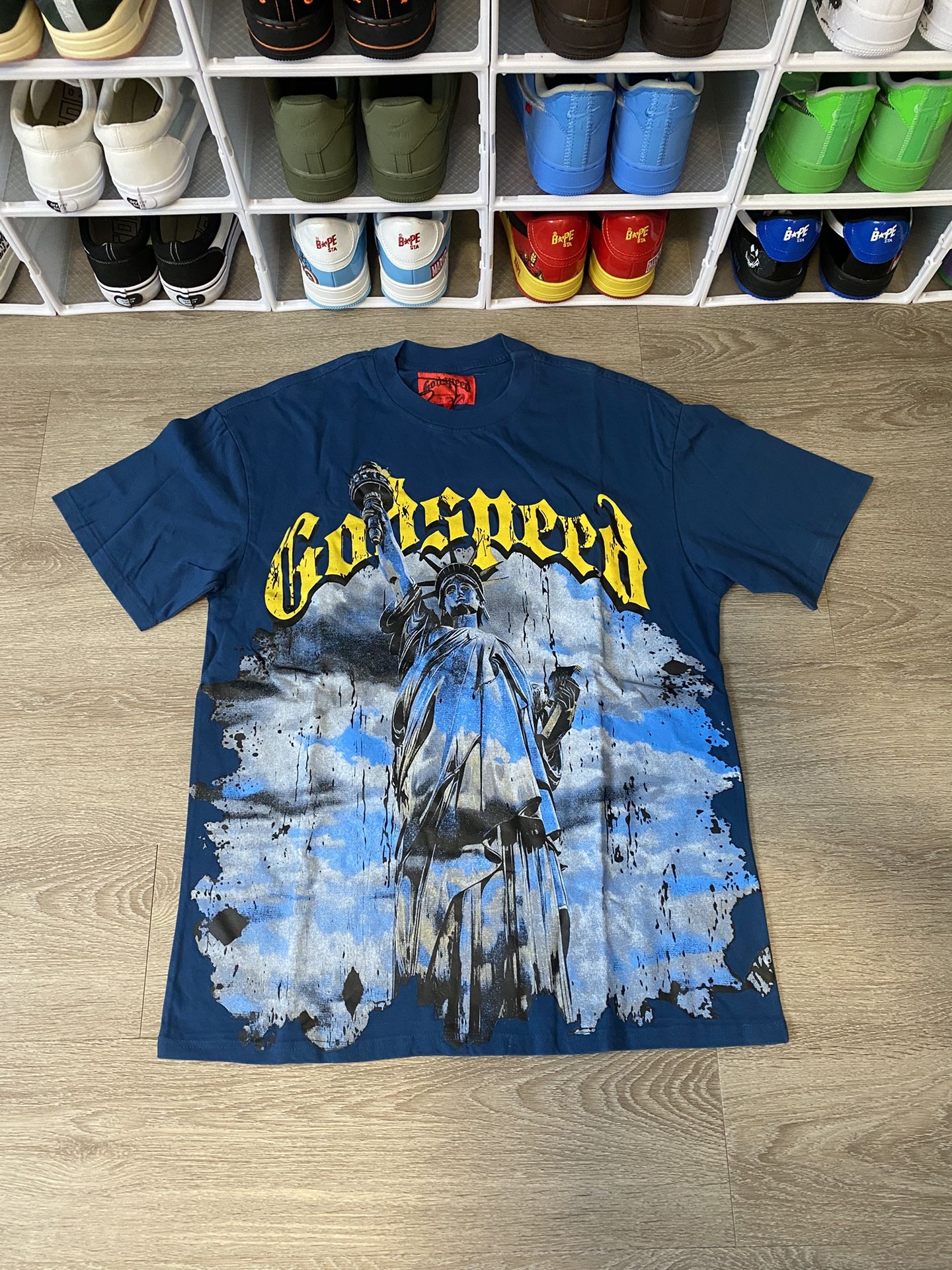 Godspeed Statue Of Liberty Shirt Blue Size large