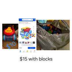 Kids mega blocks with scooping wagon to clean them up
