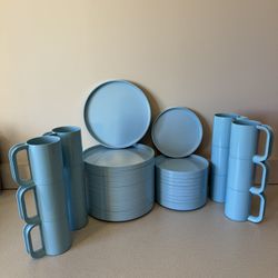 Vintage Heller Blue Stacking Dinnerware, 36 Pieces - Plates, Lunch Plates, Cups