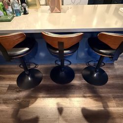 Set of 3 Modern Adjustable Bar Stools – Black Leather & Wood Accent