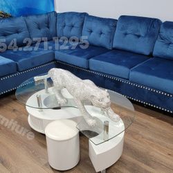 Blue Velvet Sectional Sofa Reversible 🛋 💙 Side Cup Holders New