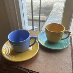 Vintage Bauer Ceramic Mugs And Saucers