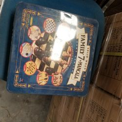 Set of wooden classic Board games In Original Tin Chess checkers Ect.