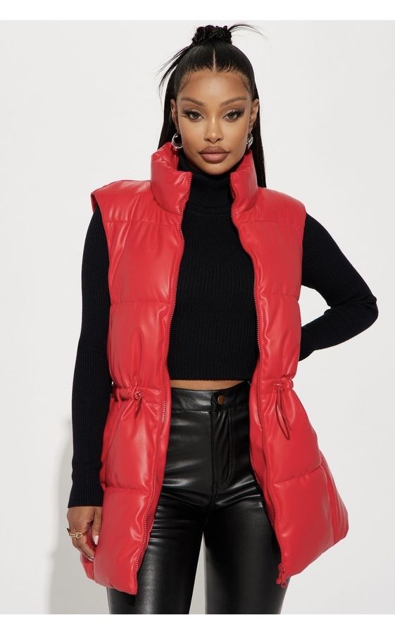 New Scene Faux Leather Puffer Vest - Red
