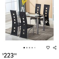 Dining Table Set, 5 Piece Glass Kitchen Table and Leather Chairs Furniture (Black)