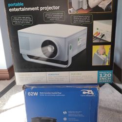 Black Series Movie Projector, Upscaler, Cyber Acoustics Speaker Set, & Tripod Screen