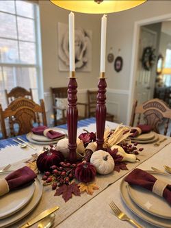 Set of 2 Red Burgundy Wood Column Taper Candle Holders Gold Metal Cups 17in Tall
