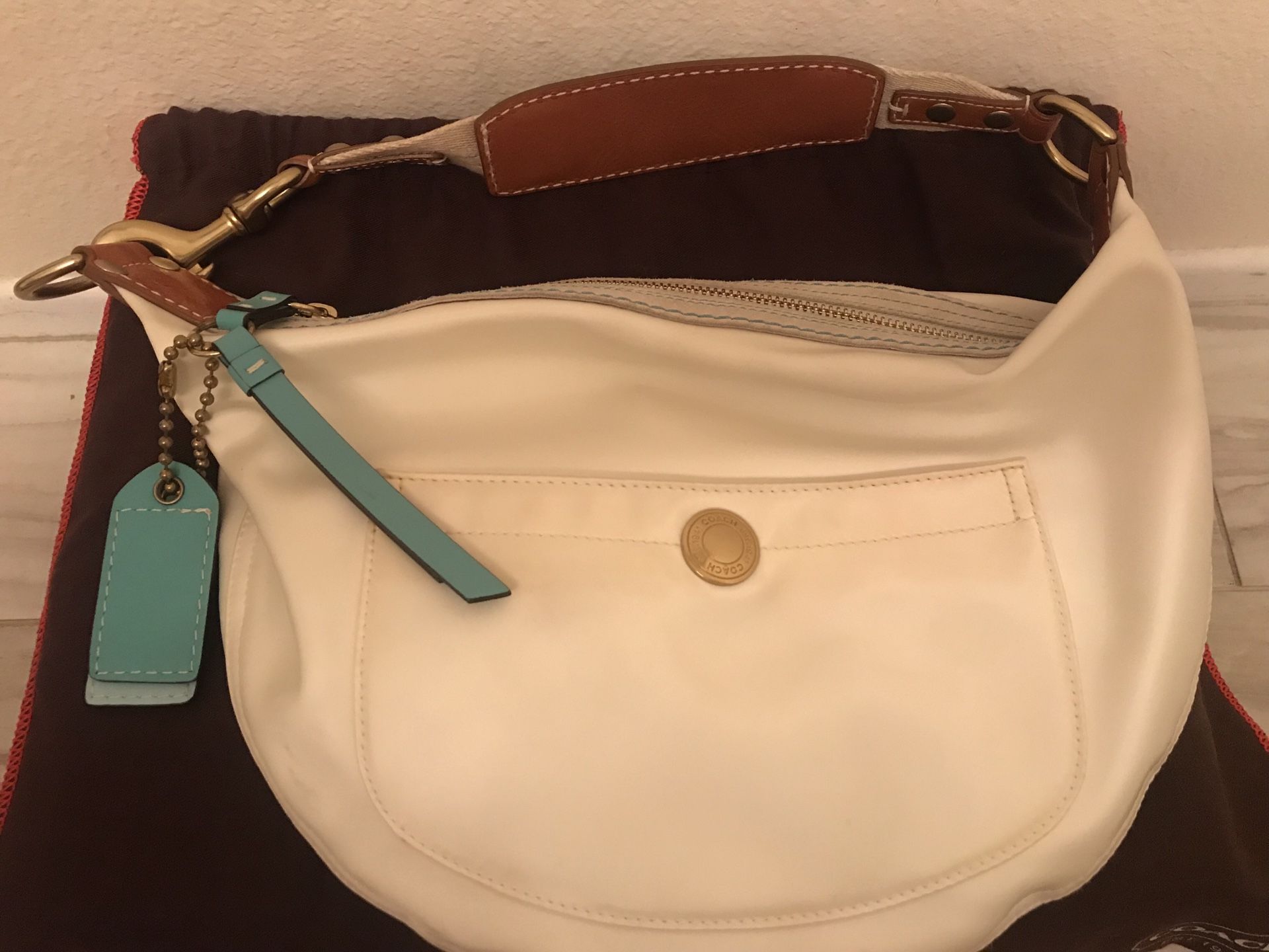 White satin Coach Hampton hobo shoulder bag