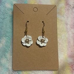 Gold and White Flower Dangle Earrings