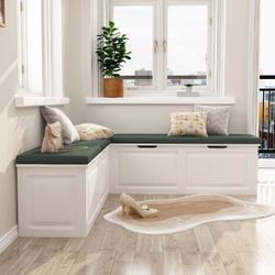 Corner Storage Bench with Cushion, White L Shape Bench Seat with Hidden Storage Entryway Bench