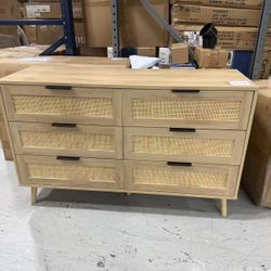 New 51" Rattan Dresser for Bedroom, 6 Drawer Wide Dresser, Boho&Farmhouse Chest of Drawers