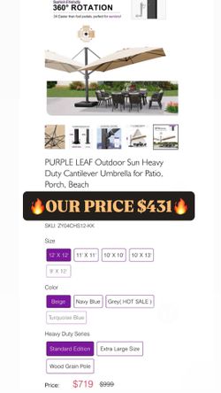 360 ROTATION Outdoor Sun Heavy Duty Cantilever Umbrella for Patio, Porch, Beach