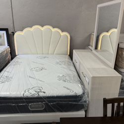 WHITE BED & DRESSER WITH MIRROR AND MATTRESS