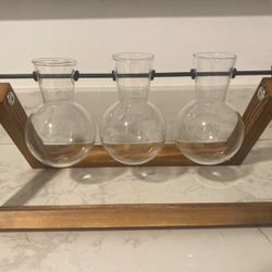 Plant Terrarium with Wooden Stand - 3 Bulb Glass Vases for Hydroponics