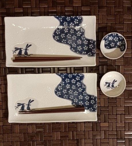 Kafuh Japan Sushi Set Stoneware Dishes & Chopsticks, Blue & White Bunny Rabbit Japanese Sushi Set
