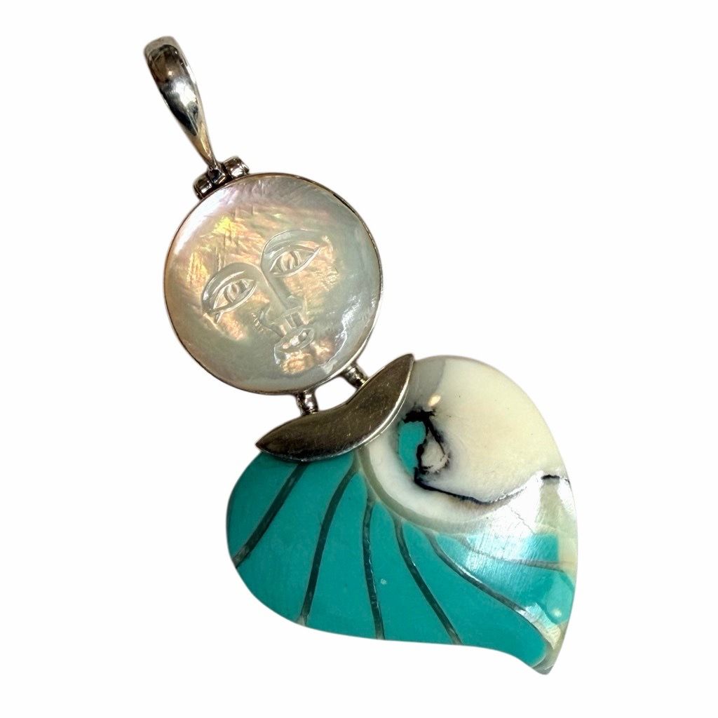Vintage Sterling Silver Mother of Pearl Face Pendant Abstract Artisan Design