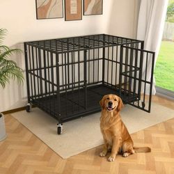 48 Inch Heavy Duty Steel Dog Crate for Large Dogs, Chew Proof & Escape Proof for High Anxiety Dogs, Indoor Double Doors and Lockable Wheels, Removable