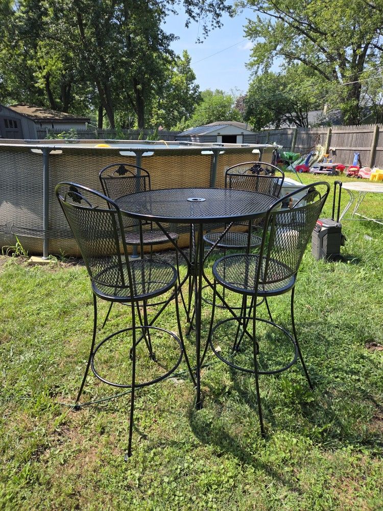 Refinished Unique Wrought Iron Patio Pub Table Set 