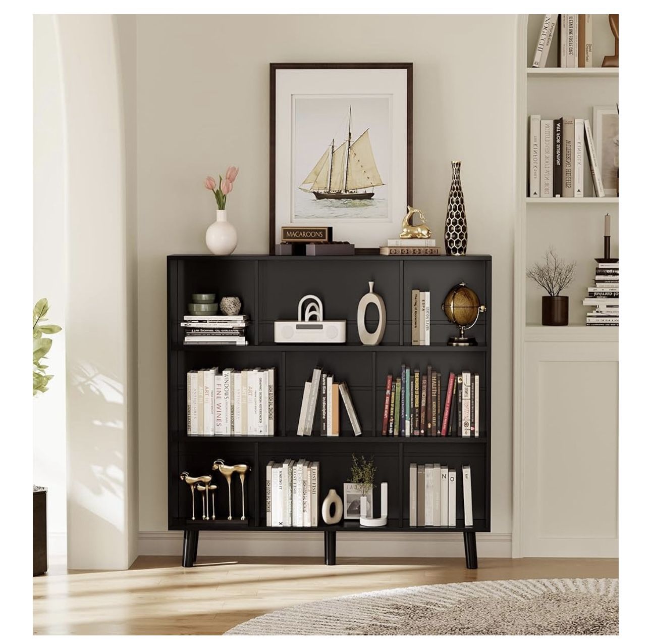 9 Cube Bookcase, Open Frame 3-Tier Book Shelf, Bookshelf Storage Organizer with Feet & Anti-Tilt Device for Organization, Room Decor, Black brand new
