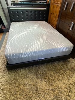 Queen Black Faux Leather Platform Bed Frame with Mattress