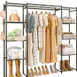 Neprock Portable Closets for Hanging Clothes, Freestanding Clothing Rack with 3 Hang Rods & 5 Shelves, Metal Wardrobe Garment Rack for Bedrooms Entran