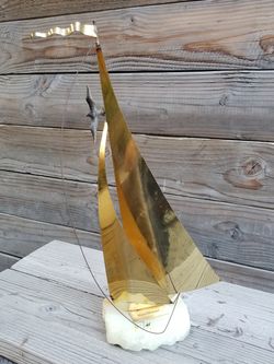 15-1/2" tall Vintage brass nautical Sailboat on stone