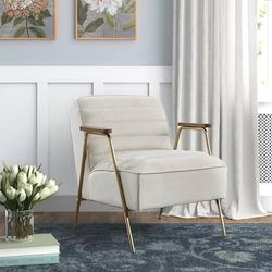 White Velvet Armchair with Oak Armrest